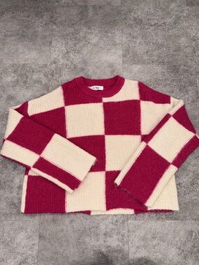 Cropped Hot Pink Color Block Knit Sweater